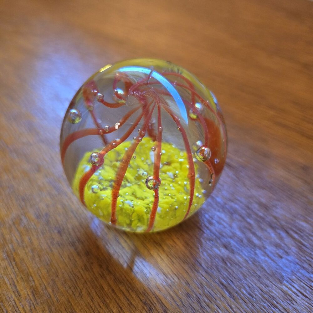 Vintage Art Glass Clear/Yellow/Red With Controlled Bubbles Paperweight